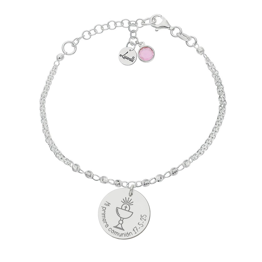 Pulsera Comunión bolitas de Plata de ley 925 con colgante Personalizado